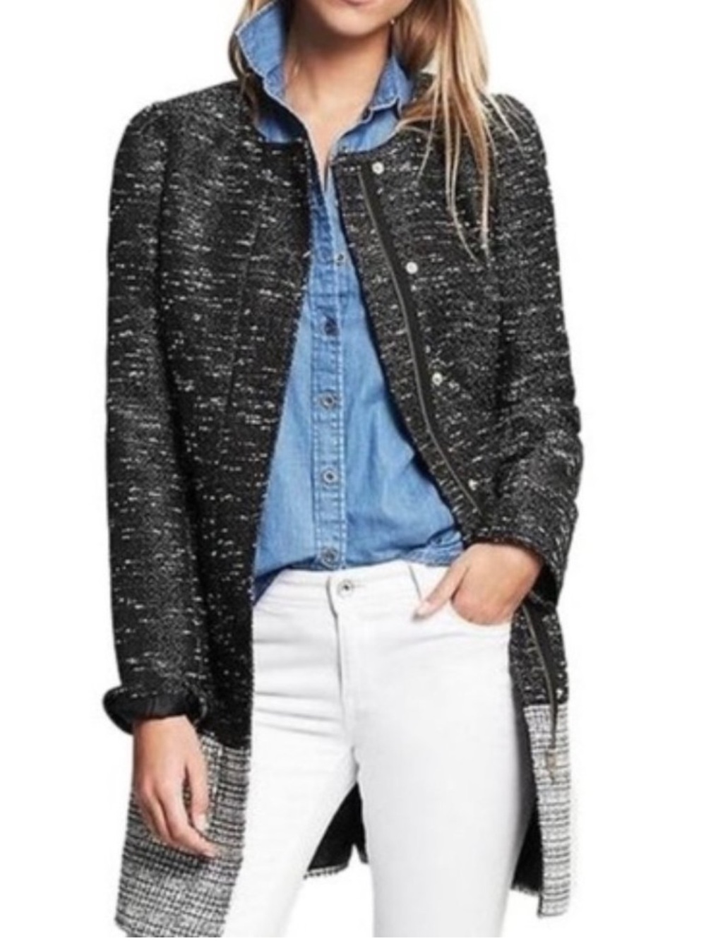 Banana Republic Y2K Grey Black Tweed Longline Jacket Coat Preppy Chic Size S